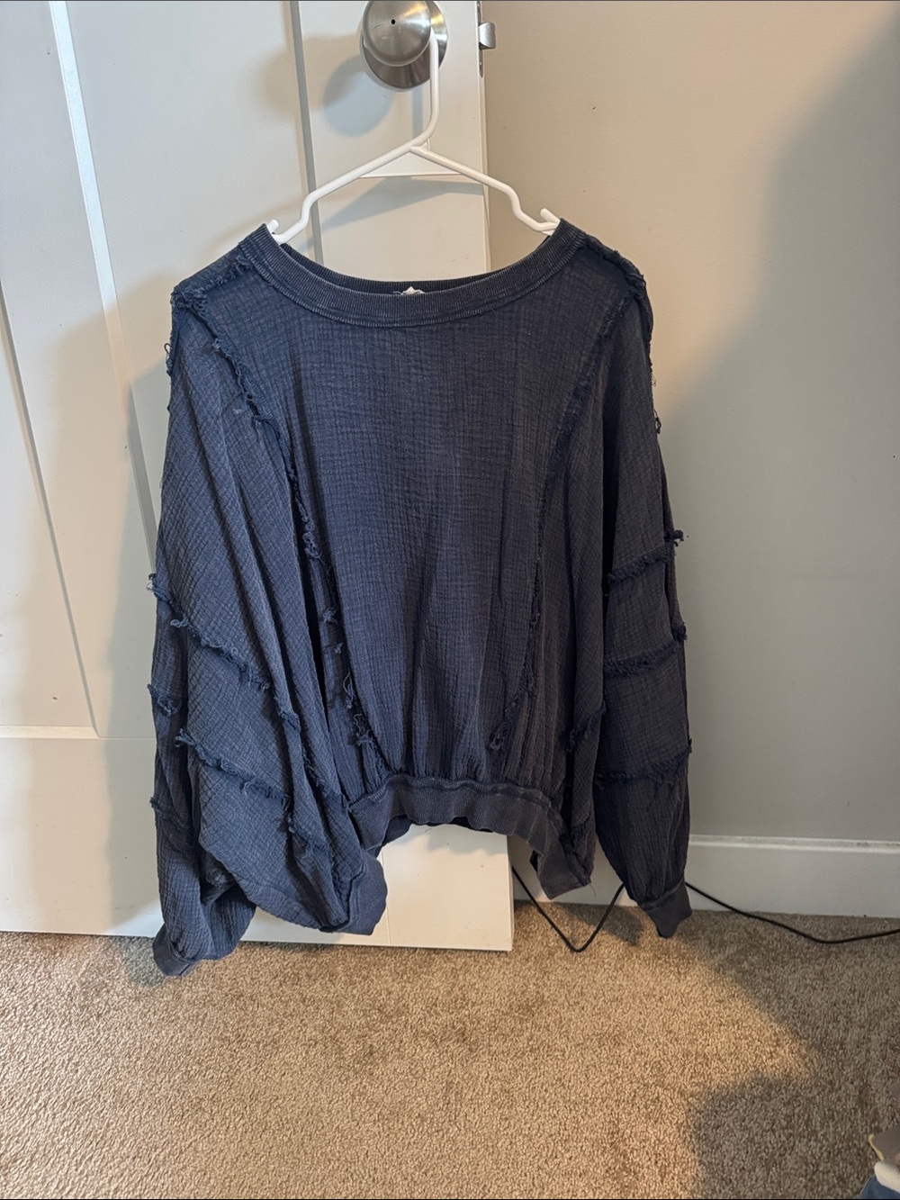 BiBi Navy Distressed Waffle-Knit Long Sleeve Top